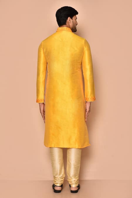 Shop Arihant Rai Sinha Yellow Silk, Polyester Embroidery Floral Placket Kurta And Churidar Set at Aza Fashions Shop_Arihant Rai Sinha_Yellow Silk, Polyester Embroidery Floral Placket Kurta And Churidar Set _at_Aza_Fashions