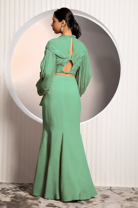 Shop_Jade By Ashima_Green Chiffon, Crepe Mirrors, Ruffles Turtle Neck Bouquet Blouse And Skirt Set _at_Aza_Fashions