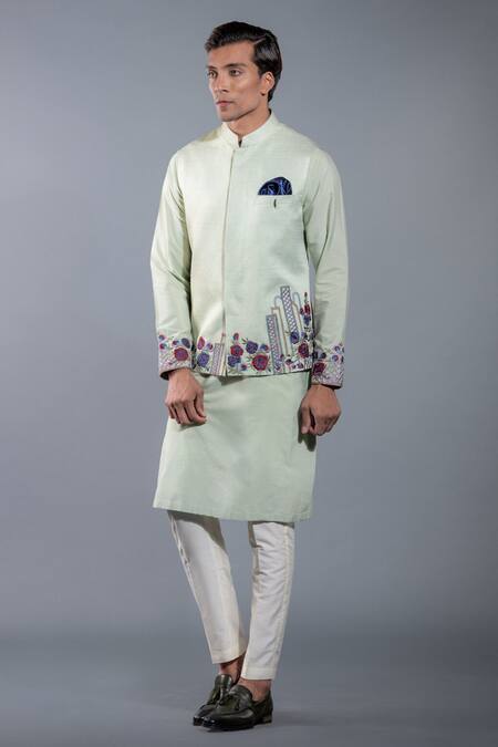Shop More Mischief Green Silk, Linen Embroidery Floral Work Waistcoat Set at Aza Fashions Shop_More Mischief_Green Silk, Linen Embroidery Floral Work Waistcoat Set_at_Aza_Fashions