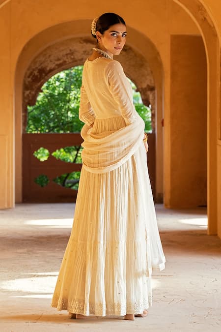 Shop Preevin Off White Cotton, Tulle, Net Mirrors, Triangle Angrakha Anarkali With Dupatta at Aza Fashions Shop_Preevin_Off White Cotton, Tulle, Net Mirrors, Triangle Angrakha Anarkali With Dupatta _at_Aza_Fashions