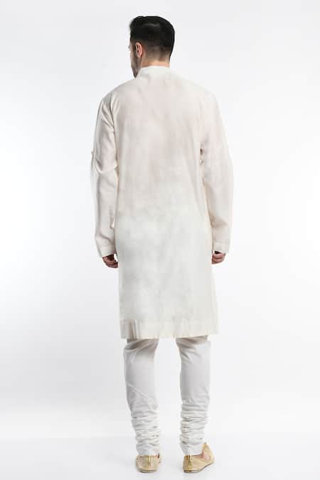 Shop_Samant Chauhan_Ivory Vegan Leather Embroidery Thread Full Sleeve Pintuck Kurta Set _at_Aza_Fashions
