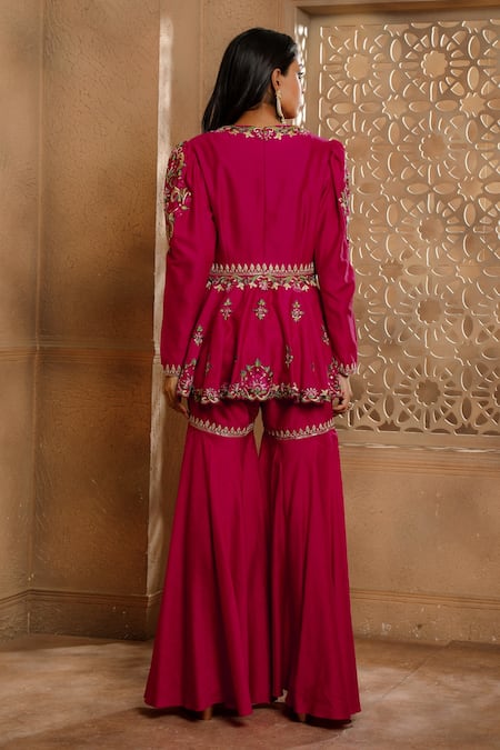 Shop Omana By Ranjana Bothra Pink Chanderi Embroidery Round Neck Heer Peplum Top And Gharara Set at Aza Fashions Shop_Omana By Ranjana Bothra_Pink Chanderi Embroidery Round Neck Heer Peplum Top And Gharara Set _at_Aza_Fashions