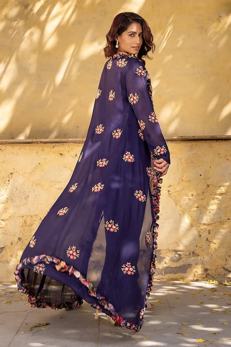Shop Suruchi Parakh Purple Georgette Embroidery Sweetheart Neck Floral Jacket And Pant Set at Aza Fashions Shop_Suruchi Parakh_Purple Georgette Embroidery Sweetheart Neck Floral Jacket And Pant Set _at_Aza_Fashions