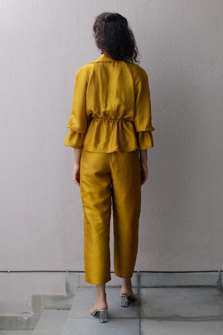 Shop Kavya Singh Kundu Yellow Silk Beads Collared Raa Mulberry Jacket Top With Pant at Aza Fashions Shop_Kavya Singh Kundu_Yellow Silk Beads Collared Raa Mulberry Jacket Top With Pant _at_Aza_Fashions