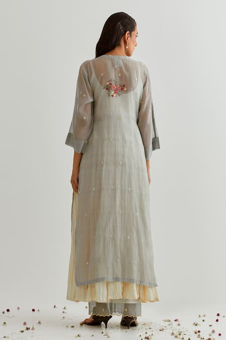 Shop Prama By Pratima Pandey Blue Chanderi Embroidered Parsi Round Zardosi Dress With Inner at Aza Fashions Shop_Prama By Pratima Pandey_Blue Chanderi Embroidered Parsi Round Zardosi Dress With Inner _at_Aza_Fashions