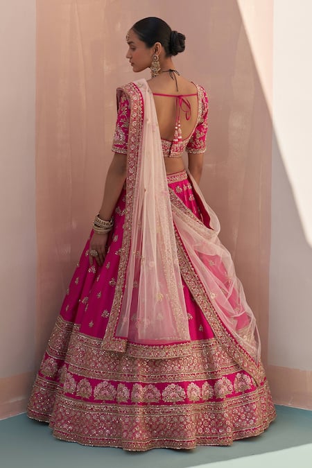 Shop Angad Singh Pink Silk Sequins, Zari Asymmetric And Zardozi Embroidered Bridal Lehenga Set at Aza Fashions Shop_Angad Singh_Pink Silk Sequins, Zari Asymmetric And Zardozi Embroidered Bridal Lehenga Set _at_Aza_Fashions