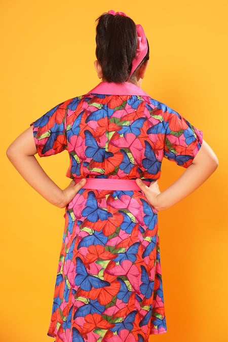 Shop Littlecheer Multi Color Viscose, Satin Butterfly Print Shirt Dress With Belt at Aza Fashions Shop_Littlecheer_Multi Color Viscose, Satin Butterfly Print Shirt Dress With Belt _at_Aza_Fashions