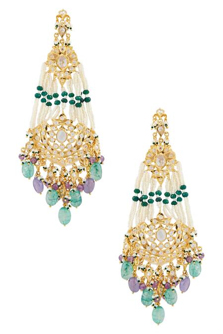 Shop Kiara Gold Plated Stones Floral Embellished Chandbalis Online at Aza Fashions Shop_Kiara_Gold Plated Stones Floral Embellished Chandbalis_Online_at_Aza_Fashions