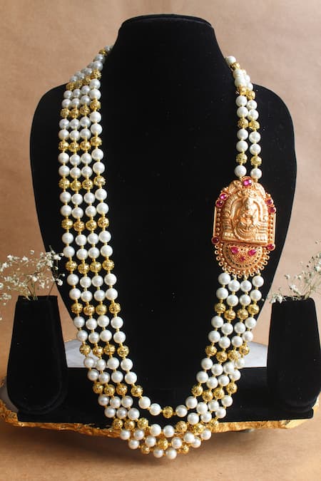 Shop Nayaab By Sonia Gold Plated Trimala Temple Pendant Necklace at Aza Fashions Shop_Nayaab By Sonia_Gold Plated Trimala Temple Pendant Necklace _at_Aza_Fashions