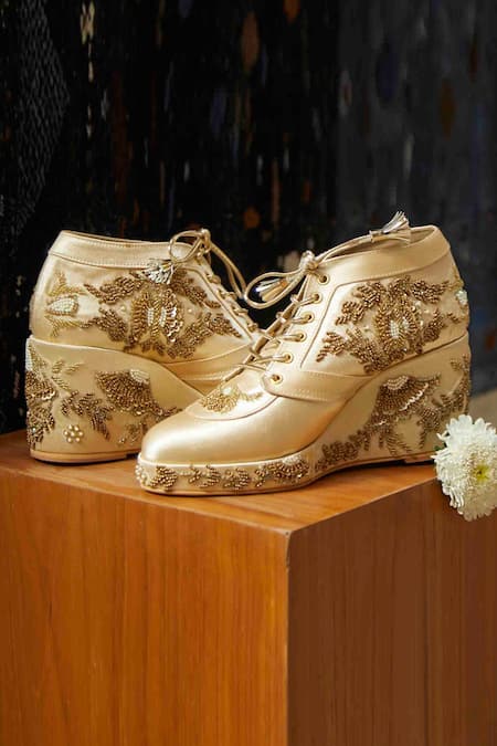 Shop_Tiesta_Gold Embroidery Tropical Sneaker Wedges _at_Aza_Fashions