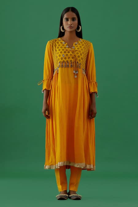 Shop_5elements_Yellow Cotton Placement Embroidery Cresent Moon Silk Brocade Yoke Anarkali Set _at_Aza_Fashions