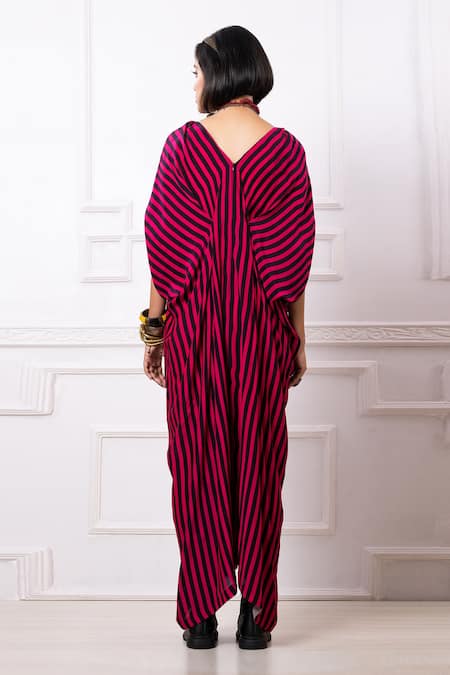 Shop Megha Garg Pink Sequins V-neck Stripe Print Kaftan Jumpsuit at Aza Fashions Shop_Megha Garg_Pink Sequins V-neck Stripe Print Kaftan Jumpsuit _at_Aza_Fashions