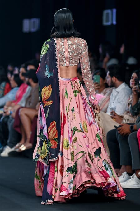 Shop Mahima Mahajan Pink Organza, Satin Sequins, Embroidery Asymmetric Floral Print Lehenga Set at Aza Fashions Shop_Mahima Mahajan_Pink Organza, Satin Sequins, Embroidery Asymmetric Floral Print Lehenga Set _at_Aza_Fashions