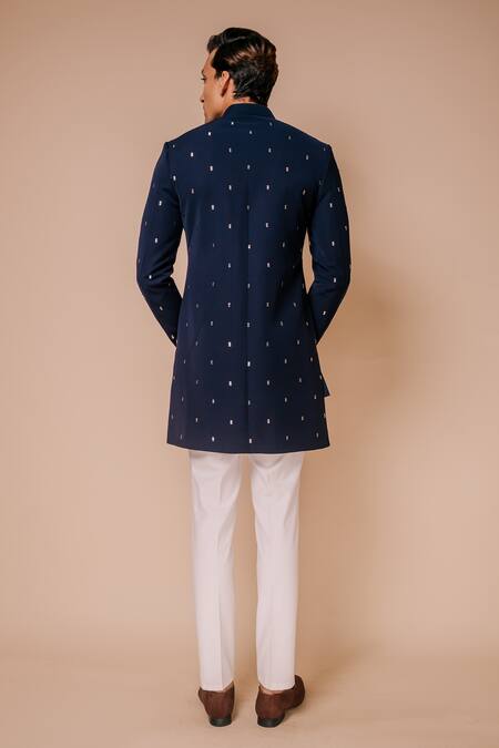 Shop Tisa - Men Blue Viscose Polyester Embroidered Cut Dana Work Stack Pattern Bandhgala Set at Aza Fashions Shop_Tisa - Men_Blue Viscose Polyester Embroidered Cut Dana Work Stack Pattern Bandhgala Set_at_Aza_Fashions