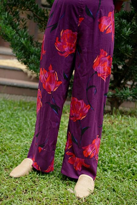 Shop Baju Purple Floral Hand Printed Pant at Aza Fashions Shop_Baju_Purple Floral Hand Printed Pant_at_Aza_Fashions