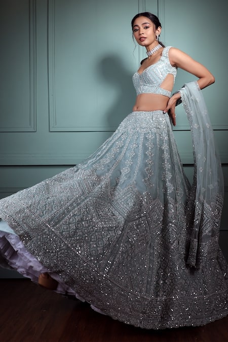 Shop Pallavi Poddar Blue Organza, Tulle Sequins, Mirrors, Alpha Geometric Bridal Lehenga Set at Aza Fashions Shop_Pallavi Poddar_Blue Organza, Tulle Sequins, Mirrors, Alpha Geometric Bridal Lehenga Set _at_Aza_Fashions