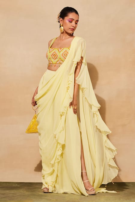 Shop_Diyarajvvir_Yellow Georgette, Cotton Satin, Cotton, Silk Ruffle Pre-draped Skirt Saree Set _at_Aza_Fashions
