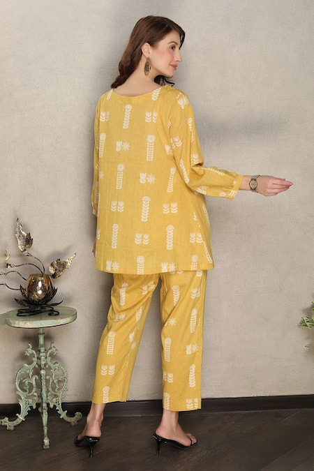 Shop_Falguni.Foram_Yellow Top And Pant Printed Cotton & Slip Floral & Set _at_Aza_Fashions