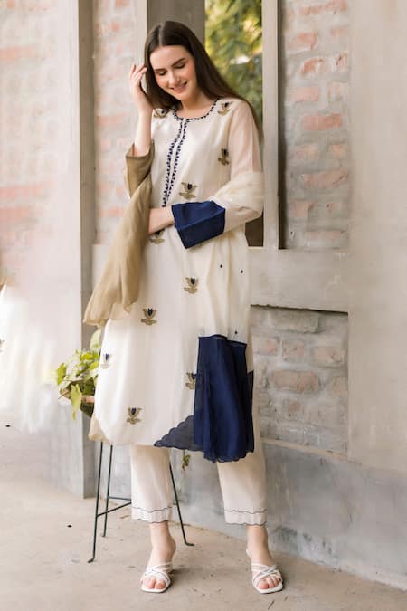 Shop Vaani Beswal Ivory Chanderi Embroidery Round Neck Applique Kurta And Pant Set at Aza Fashions Shop_Vaani Beswal_Ivory Chanderi Embroidery Round Neck Applique Kurta And Pant Set _at_Aza_Fashions