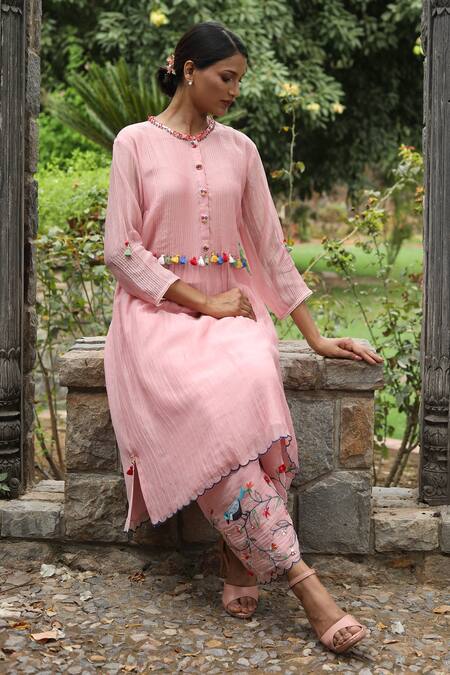 Shop_Desert Shine By Sulochana Jangir_Pink Chanderi Tassels, Embroidery Round Neck Pintucked Kurta And Aari Salwar Set _at_Aza_Fashions