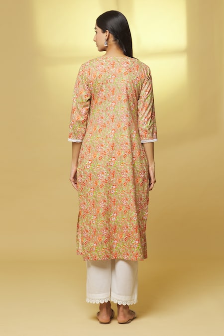 Shop Kalakaari By Sagarika Peach Cotton Lace Round Neck Straight Printed Kurta And Pant Set at Aza Fashions Shop_Kalakaari By Sagarika_Peach Cotton Lace Round Neck Straight Printed Kurta And Pant Set _at_Aza_Fashions