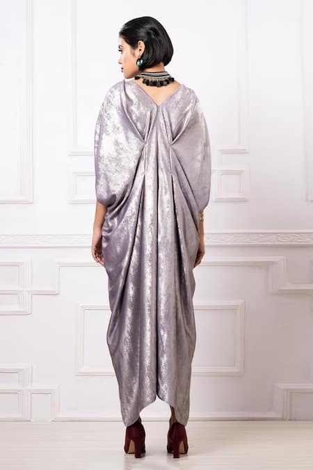 Shop_Megha Garg_Grey Sequins V-neck Split Sleeve Kaftan Jumpsuit _at_Aza_Fashions