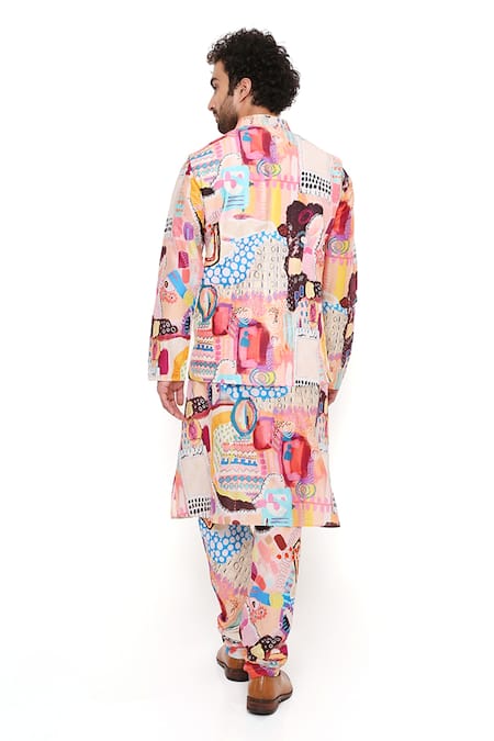 PS Men By Payal Singhal Peach Trance Print Bundi Kurta Set 