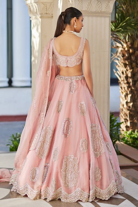 Shop Osaa By Adarsh Pink Organza Zari, Embroidery Asymmetric Zardozi Bridal Lehenga Set at Aza Fashions Shop_Osaa By Adarsh_Pink Organza Zari, Embroidery Asymmetric Zardozi Bridal Lehenga Set _at_Aza_Fashions
