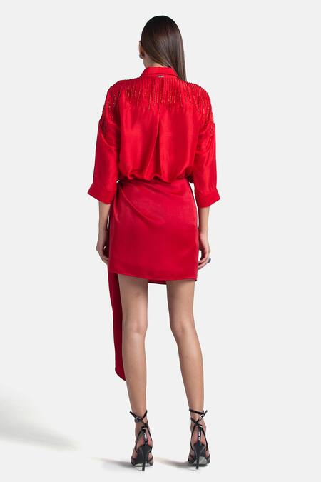 Shop 431-88 By Shweta Kapur Red Silk Embroidery Collared Streamlined Shirt at Aza Fashions Shop_431-88 By Shweta Kapur_Red Silk Embroidery Collared Streamlined Shirt_at_Aza_Fashions