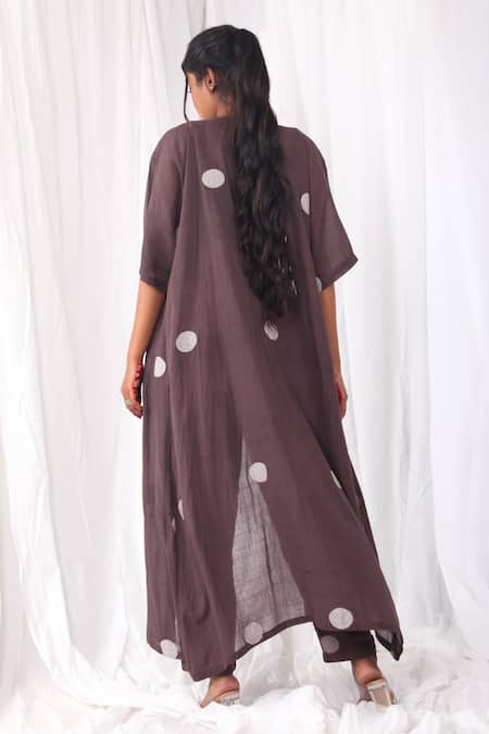 Shop Khat Brown Handloom Cotton Square Neck Polka Pattern Long Jacket And Pant Set at Aza Fashions Shop_Khat_Brown Handloom Cotton Square Neck Polka Pattern Long Jacket And Pant Set _at_Aza_Fashions