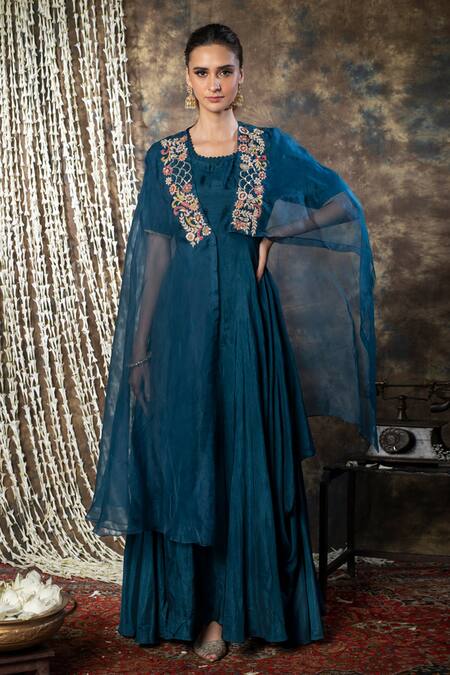 Shop_Kesar Studio_Blue Silk, Organza Pearls, Embroidery Square Placket Embellished Draped Gown _at_Aza_Fashions