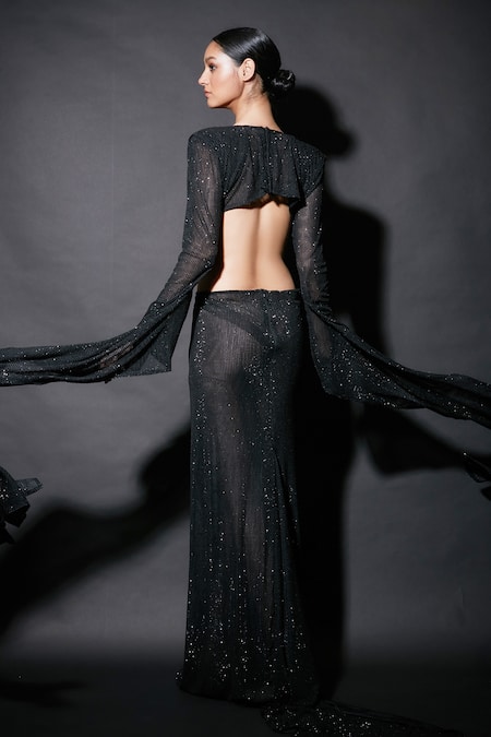Shop_Itrh_Black Net Crystals V-neck Wild Eagle Waist Cut-out Gown _at_Aza_Fashions