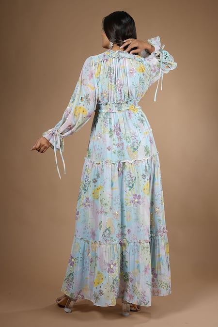 Vana Ethnics_Blue Viscose Sequins, Cut Work V-neck Vintage Botanical Print Gathered Dress _Online_at_Aza_Fashions