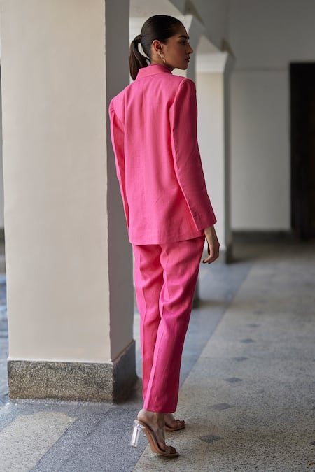Shop Betrue Pink Linen, Gingham Embroidery Double Breasted Blazer And Flared Pant Set at Aza Fashions Shop_Betrue_Pink Linen, Gingham Embroidery Double Breasted Blazer And Flared Pant Set _at_Aza_Fashions