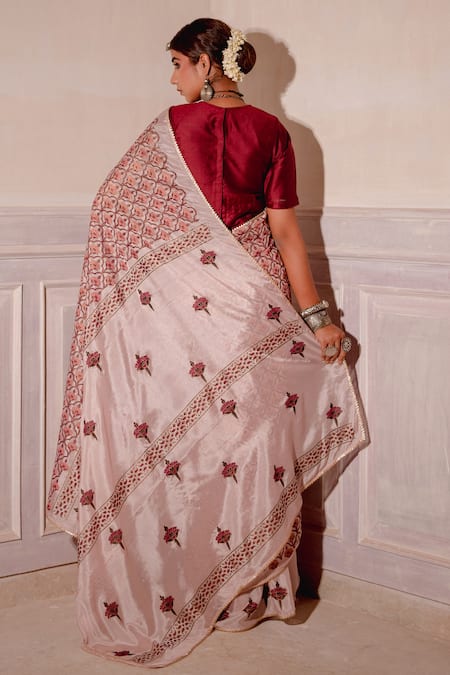 Shop The Home Affair Pink Chiffon, , Satin And Floral Print Saree With Blouse at Aza Fashions Shop_The Home Affair_Pink Chiffon, , Satin And Floral Print Saree With Blouse _at_Aza_Fashions