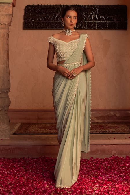Shop_Nidhika Shekhar_Green Silk Crepe Embroidery Feather One Udaan Utsav Pre-draped Saree Set _at_Aza_Fashions