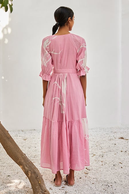 Shop_Kharakapas_Pink Cotton V-neck Lino Print Wrap Maxi Dress _at_Aza_Fashions