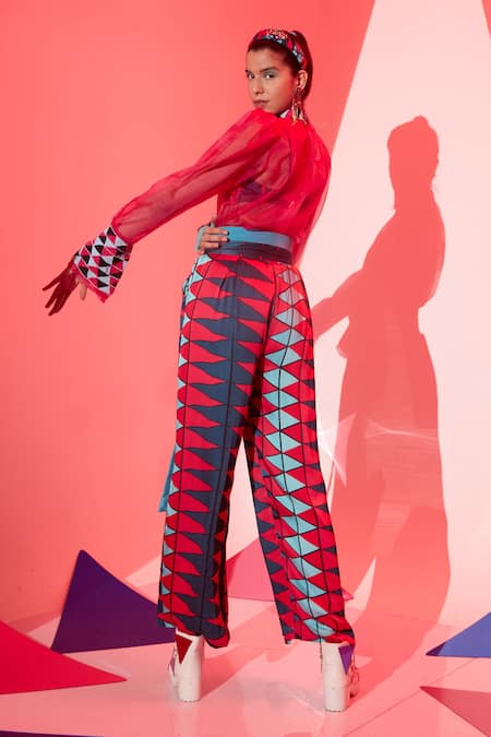 Shop Esha L Amin Pink Viscose, Crepe Embroidery Round Neck Placement Geometric Print Organza Top at Aza Fashions Shop_Esha L Amin_Pink Viscose, Crepe Embroidery Round Neck Placement Geometric Print Organza Top _at_Aza_Fashions