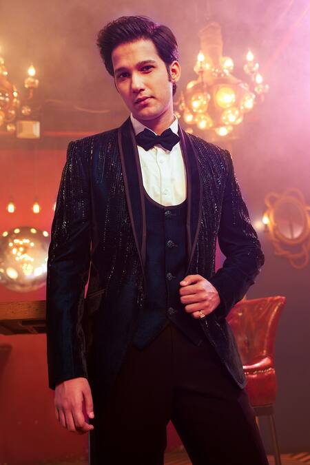 Shop Kora By Nilesh Mitesh Blue Velvet Embellished Linear Pattern Tuxedo Suit Set at Aza Fashions Shop_Kora By Nilesh Mitesh_Blue Velvet Embellished Linear Pattern Tuxedo Suit Set_at_Aza_Fashions