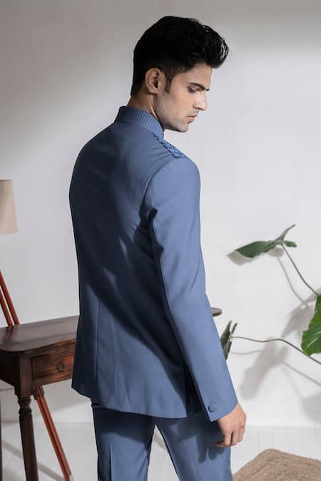 Shop Abkasa Blue Terrycloth Embroidery Avila Textured Bandhgala And Trouser Set at Aza Fashions Shop_Abkasa_Blue Terrycloth Embroidery Avila Textured Bandhgala And Trouser Set _at_Aza_Fashions