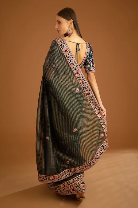 Shyam Narayan Prasad Chanderi Gold Jacquard Striped Saree With Blouse 