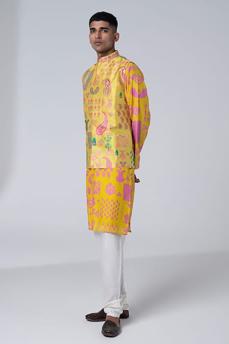 Shop Siddhartha Bansal Yellow Silk Embroidery Hamsa Print Dupion Bundi at Aza Fashions Shop_Siddhartha Bansal_Yellow Silk Embroidery Hamsa Print Dupion Bundi _at_Aza_Fashions