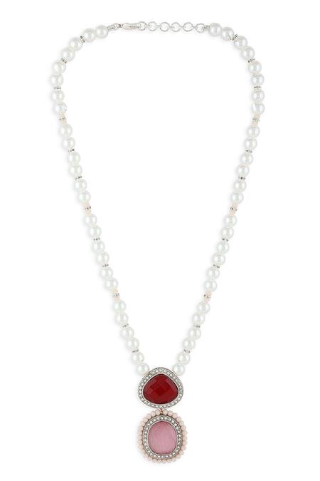 Ahaanya Red Agate Pearl String Pendant Necklace