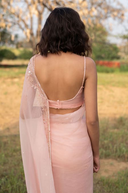 Shop Zoon Pink Crepe, Silk Organza Sequins Crystal Embroidered Border Saree With Blouse at Aza Fashions Shop_Zoon_Pink Crepe, Silk Organza Sequins Crystal Embroidered Border Saree With Blouse _at_Aza_Fashions