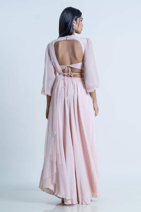 Shop Nautanky Pink Blouse Silk, Dupatta Net, Skirt Crepe Floral, Plunging Work Set at Aza Fashions Shop_Nautanky_Pink Blouse Silk, Dupatta Net, Skirt Crepe Floral, Plunging Work Set _at_Aza_Fashions