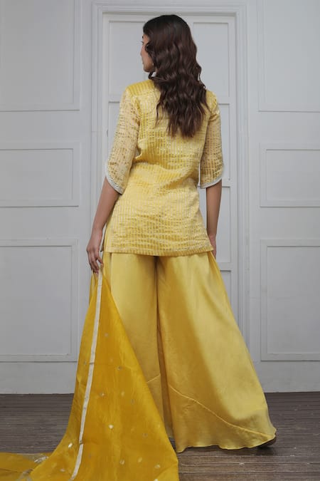 Shop_Myoho_Yellow Silk Embroidery V-neck Banarasi Zari Striped Kurta Palazzo Set _at_Aza_Fashions