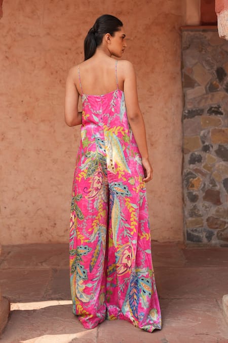 Shop_Ruhr India_Fuchsia Silk Velvet Floral Print V Neck Flared Jumpsuit _at_Aza_Fashions