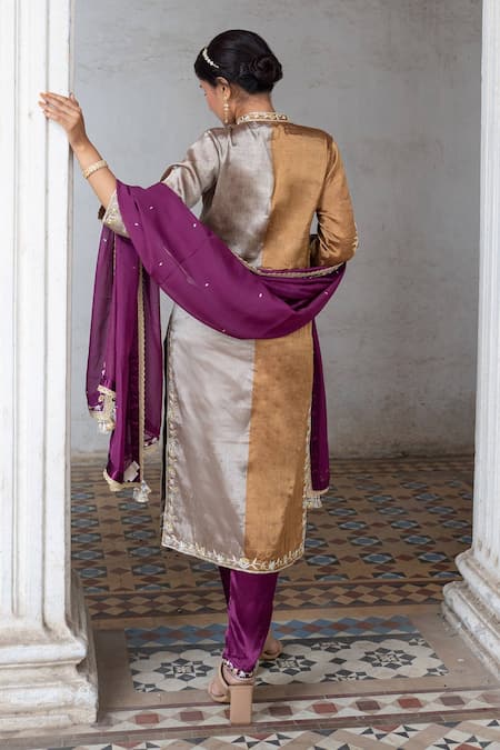 Shop Sheela Suthar Silver Tissue, Organza Zari, Embroidery Mandarin Collar Kurta Pant Set at Aza Fashions Shop_Sheela Suthar_Silver Tissue, Organza Zari, Embroidery Mandarin Collar Kurta Pant Set _at_Aza_Fashions