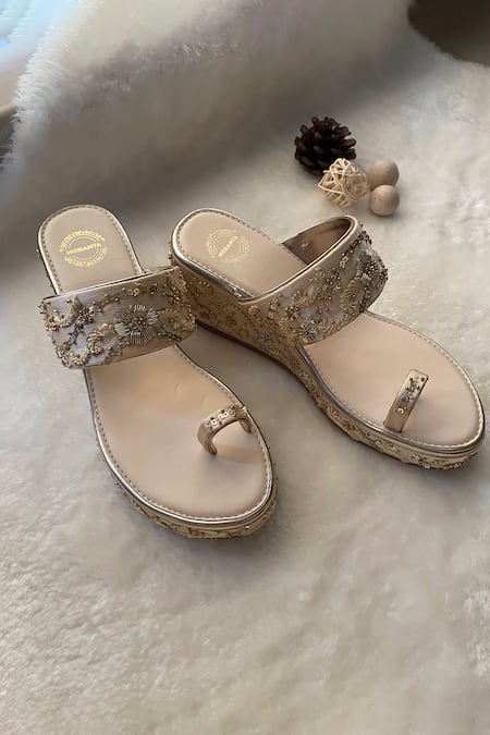 Modanta Footwear Gold Embroidered Satin Wedges 