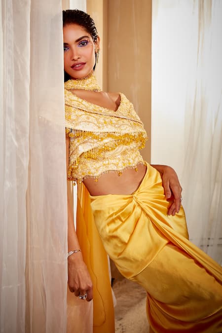 Shop House of Exotique Yellow Lace, Satin, Embroidery One Shoulder Draped Skirt And Blouse Set at Aza Fashions Shop_House of Exotique_Yellow Lace, Satin, Embroidery One Shoulder Draped Skirt And Blouse Set _at_Aza_Fashions